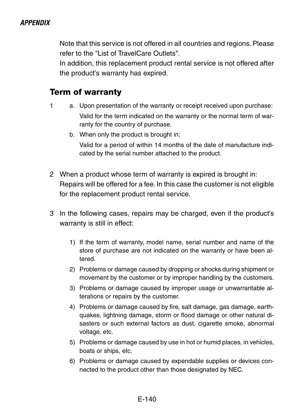 Term of warranty | NEC LT260 User Manual | Page 140 / 149