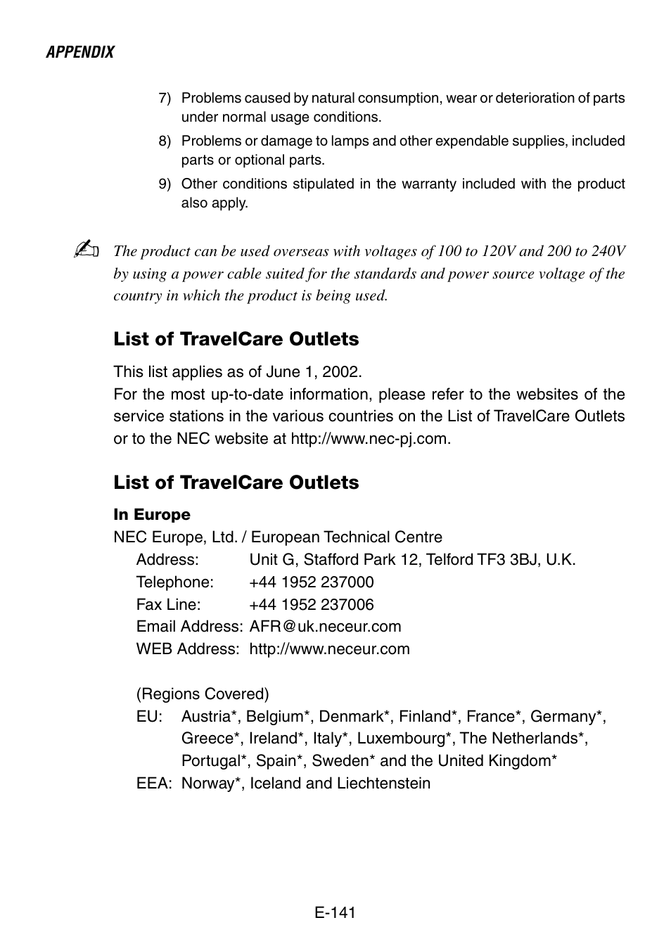 List of travelcare outlets | NEC LT260 User Manual | Page 141 / 149