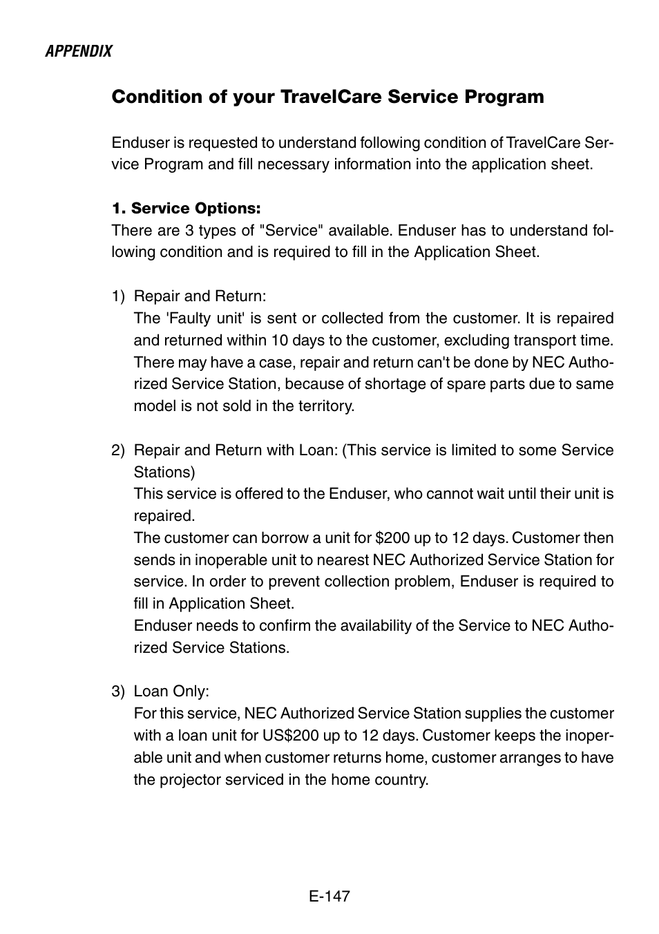 Condition of your travelcare service program | NEC LT260 User Manual | Page 147 / 149