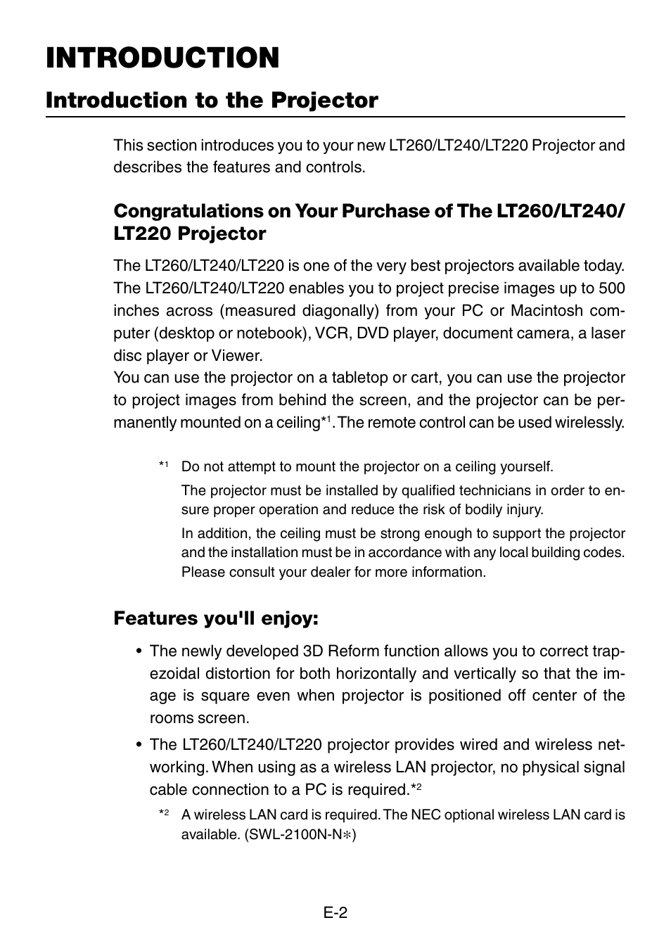 Introduction, Introduction to the projector, Features you'll enjoy | NEC LT260 User Manual | Page 2 / 149
