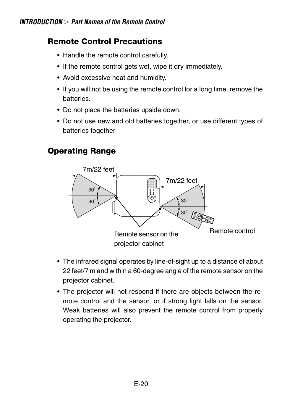 Remote control precautions, Operating range | NEC LT260 User Manual | Page 20 / 149