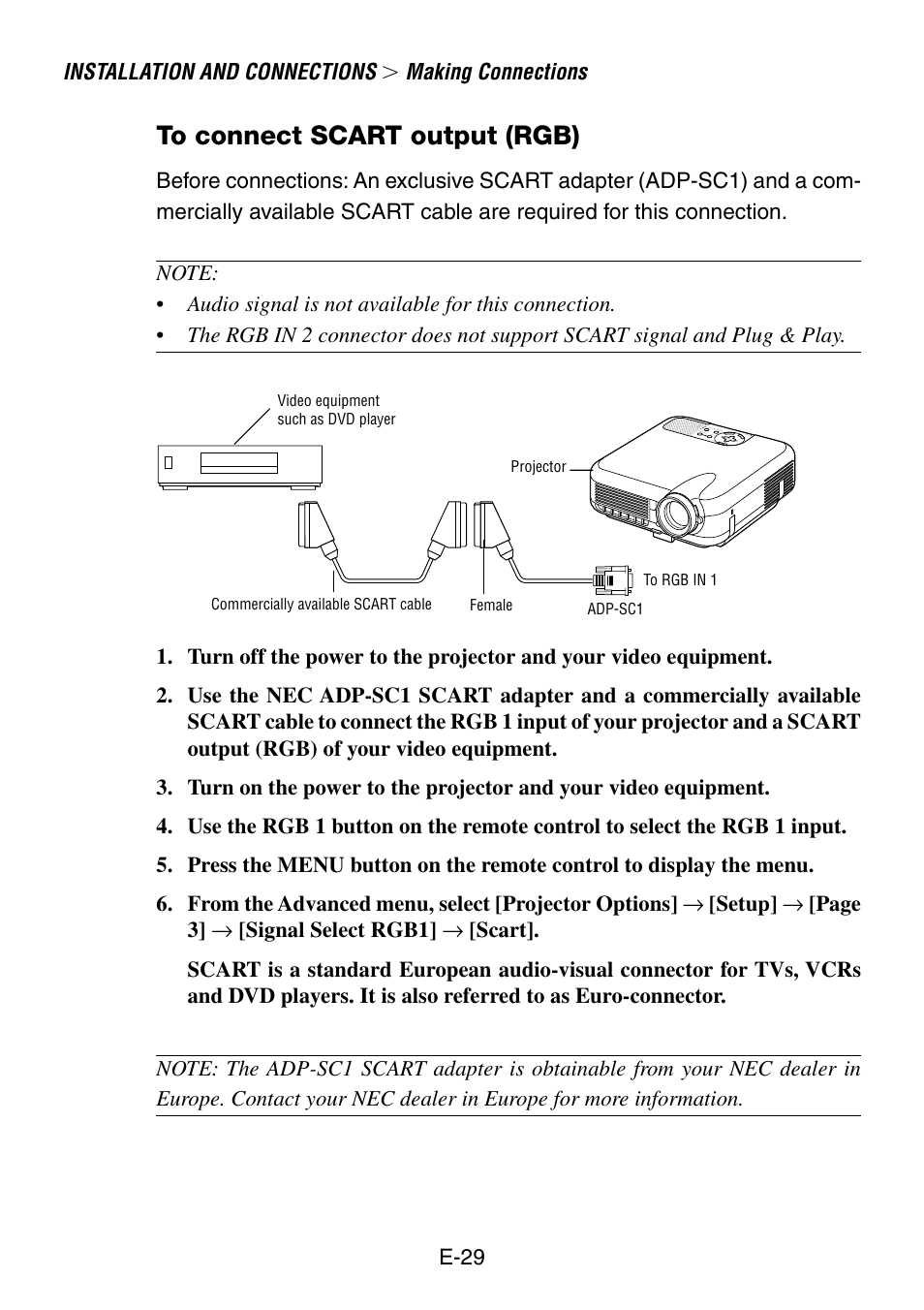 To connect scart output (rgb), Installation and connections, Making connections | E-29 | NEC LT260 User Manual | Page 29 / 149