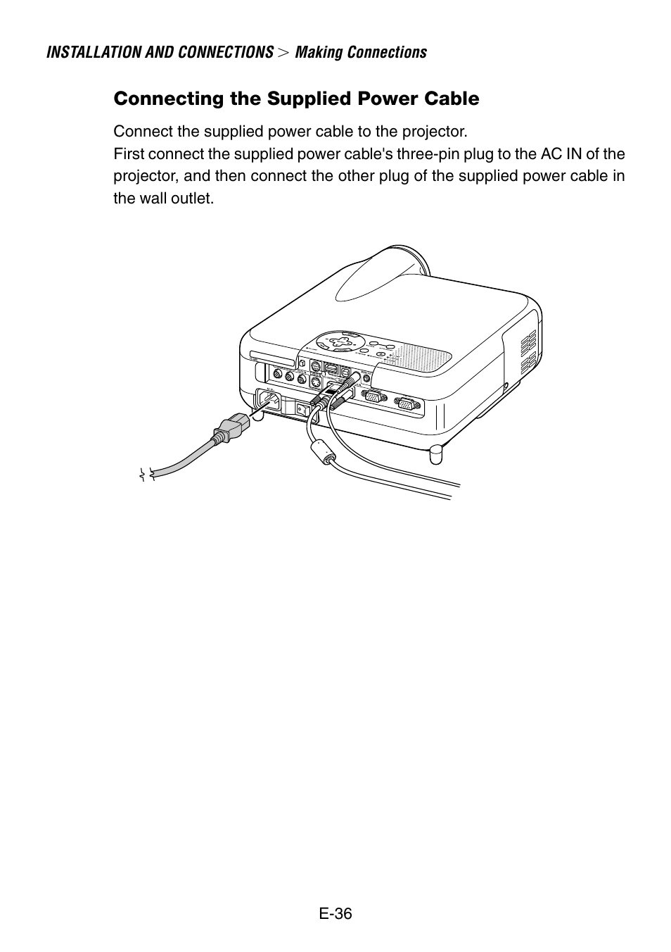 Connecting the supplied power cable | NEC LT260 User Manual | Page 36 / 149