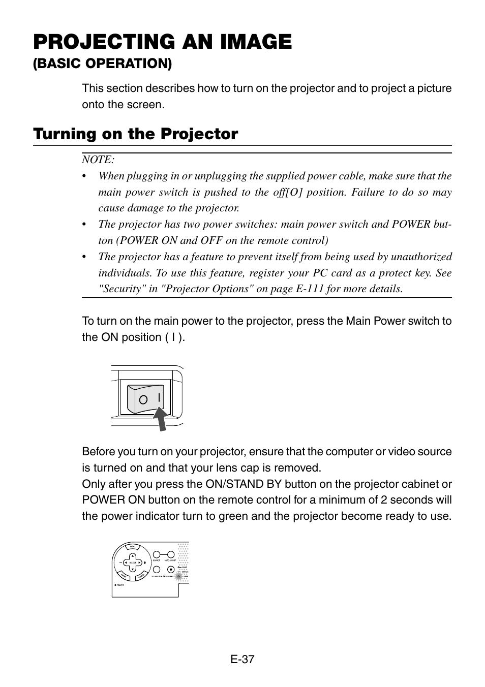 Projecting an image, Turning on the projector, Basic operation) | NEC LT260 User Manual | Page 37 / 149