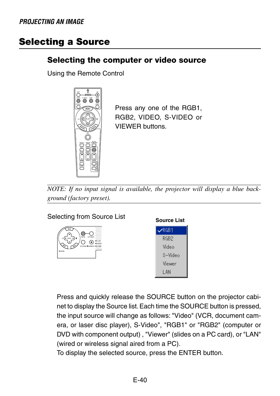 Selecting a source, Selecting the computer or video source, Projecting an image | E-40, Using the remote control, Source list | NEC LT260 User Manual | Page 40 / 149