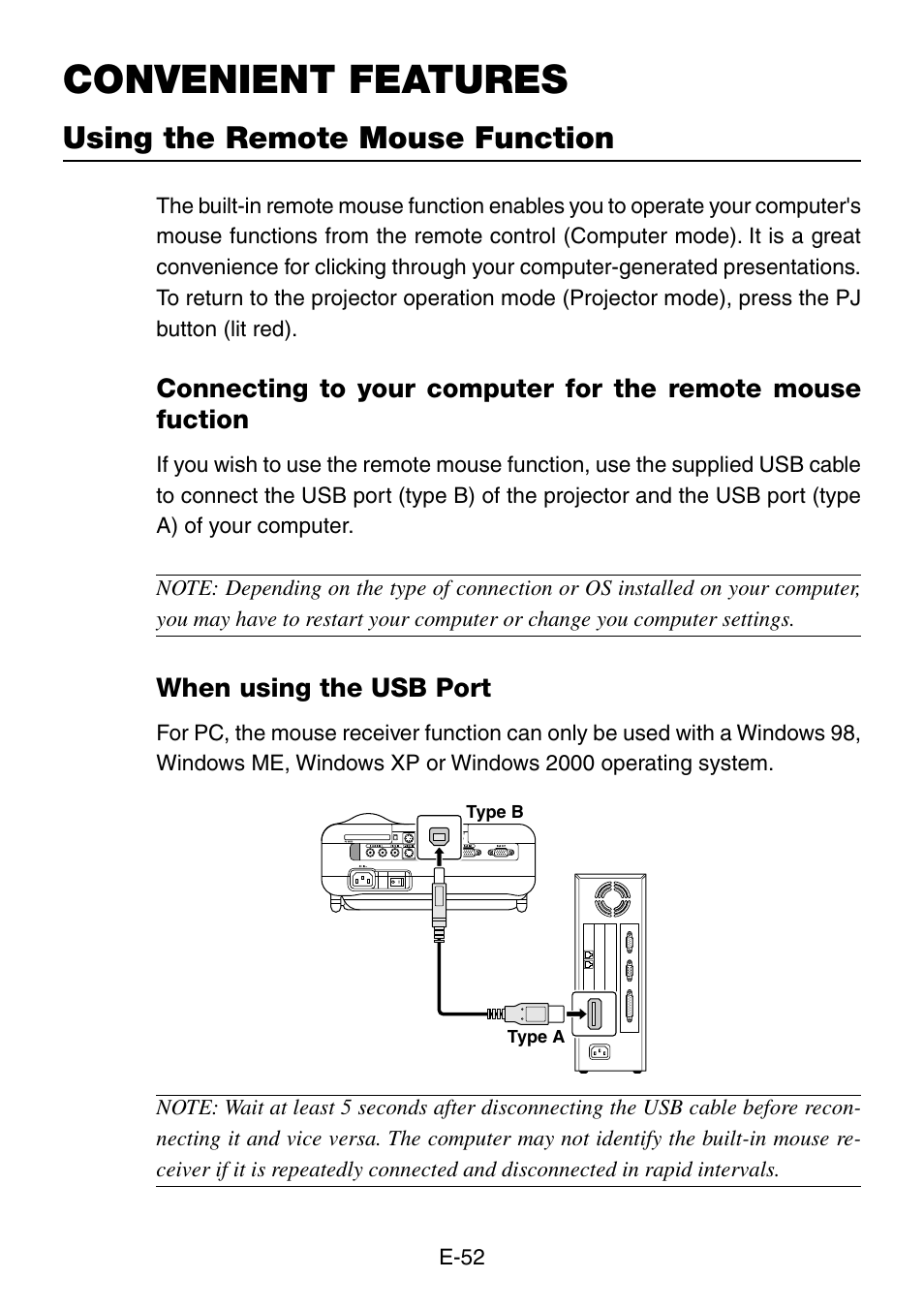 Convenient features, Using the remote mouse function, When using the usb port | NEC LT260 User Manual | Page 52 / 149
