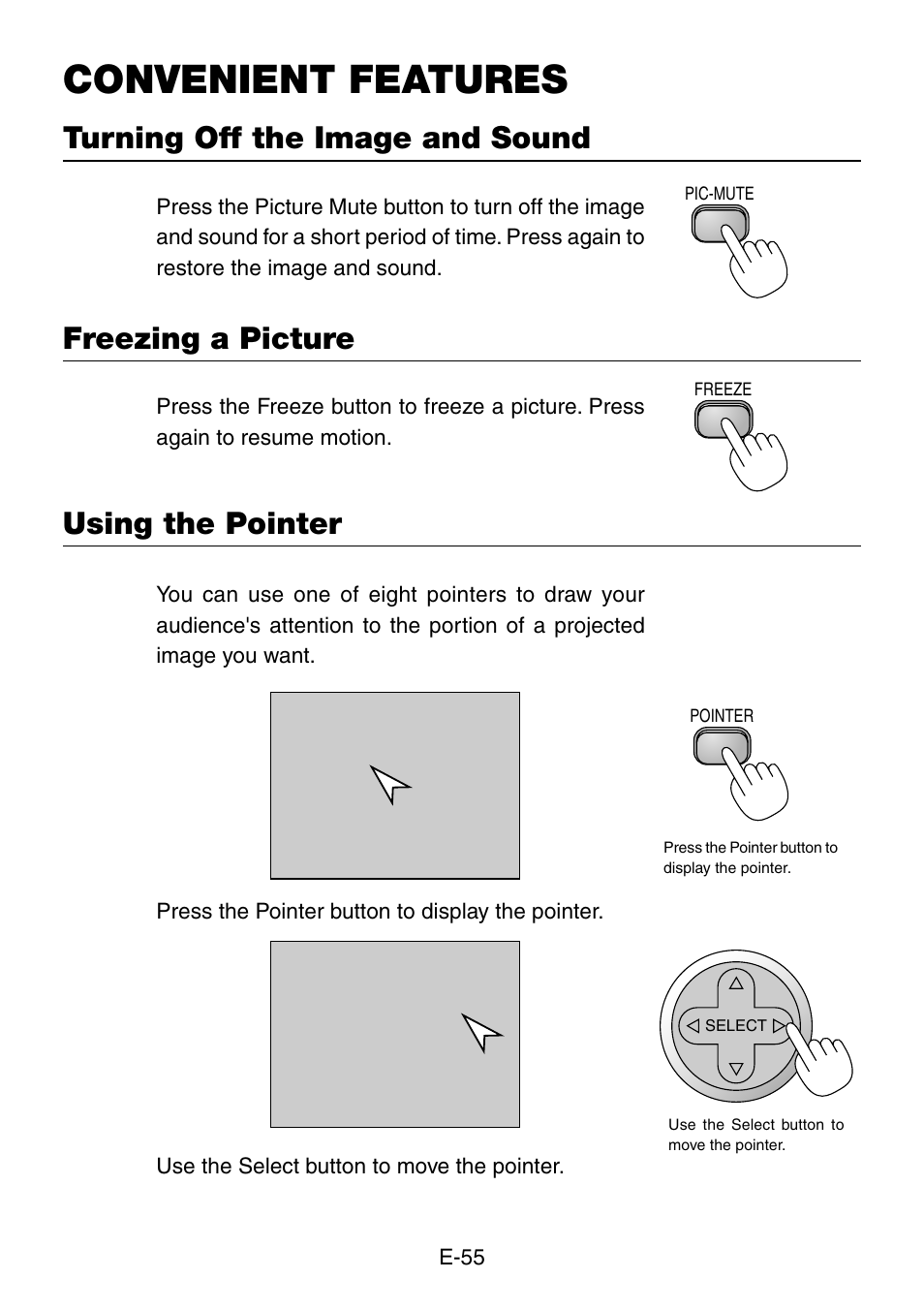 Turning off the image and sound, Freezing a picture, Using the pointer | Convenient features | NEC LT260 User Manual | Page 55 / 149