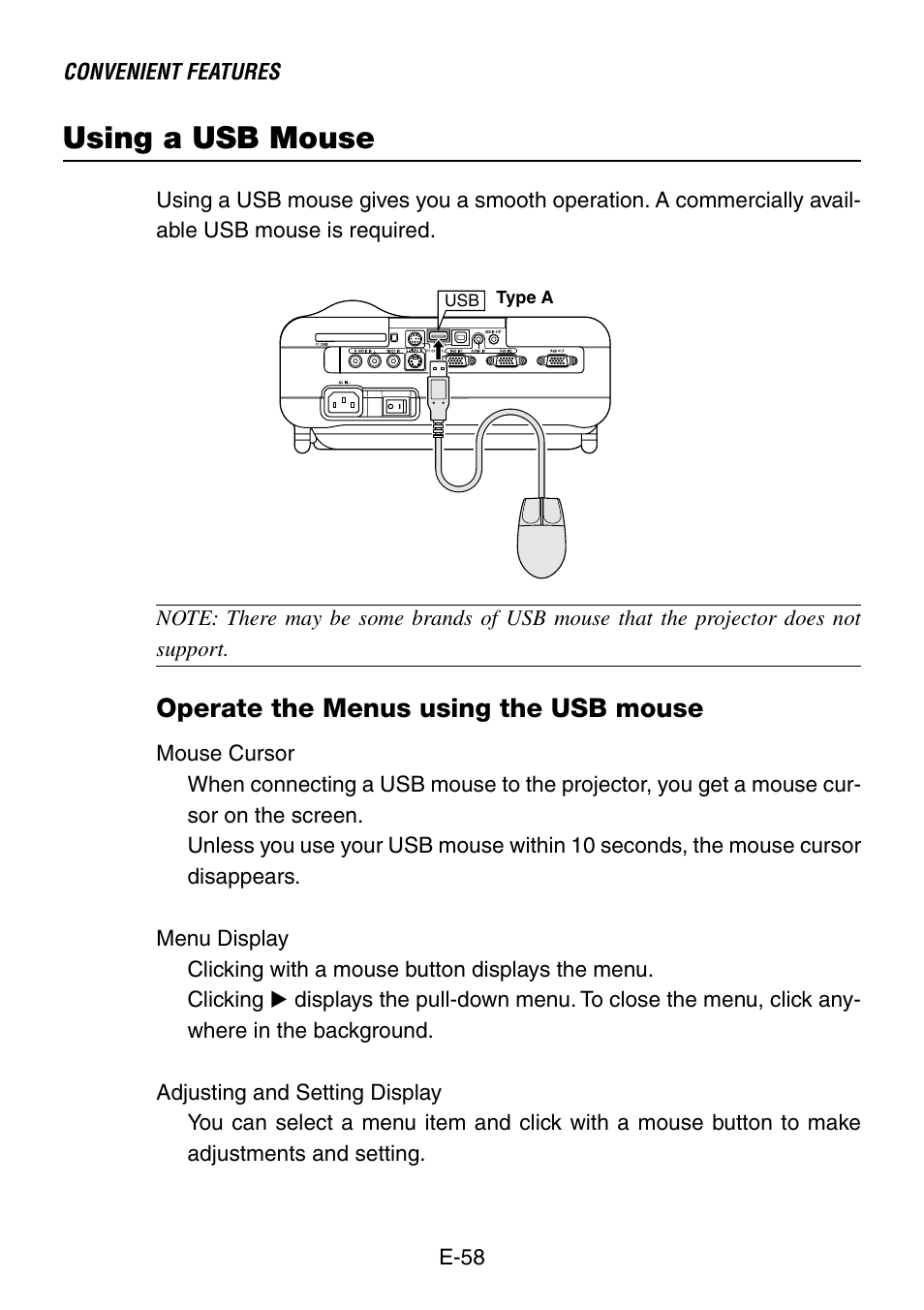 Using a usb mouse, Operate the menus using the usb mouse | NEC LT260 User Manual | Page 58 / 149