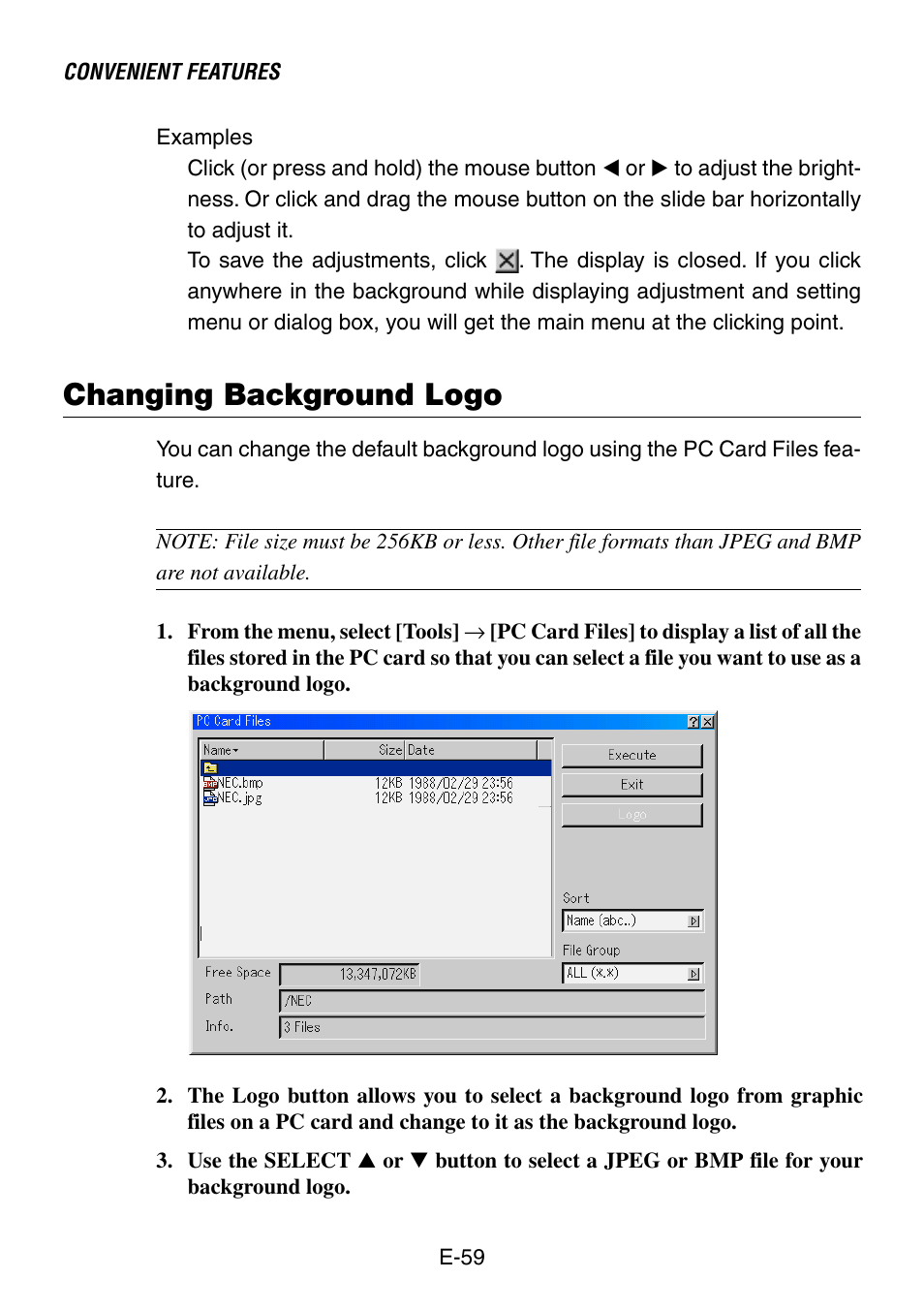 Changing background logo | NEC LT260 User Manual | Page 59 / 149