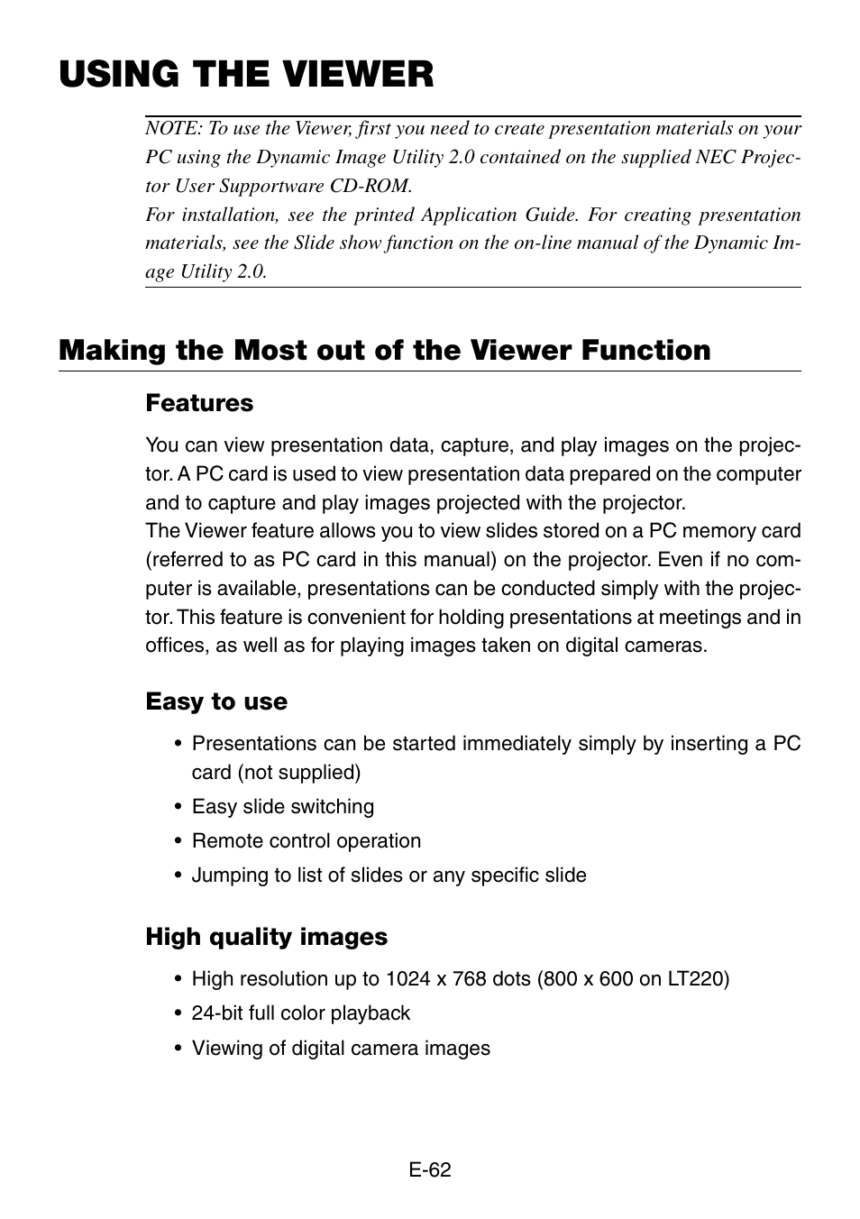 Using the viewer, Making the most out of the viewer function, Features | Easy to use, High quality images | NEC LT260 User Manual | Page 62 / 149