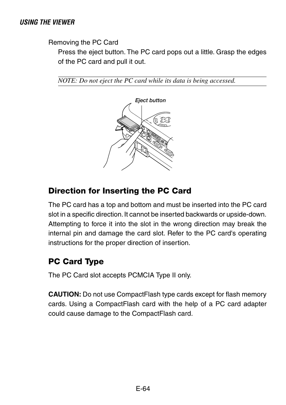 Direction for inserting the pc card, Pc card type | NEC LT260 User Manual | Page 64 / 149