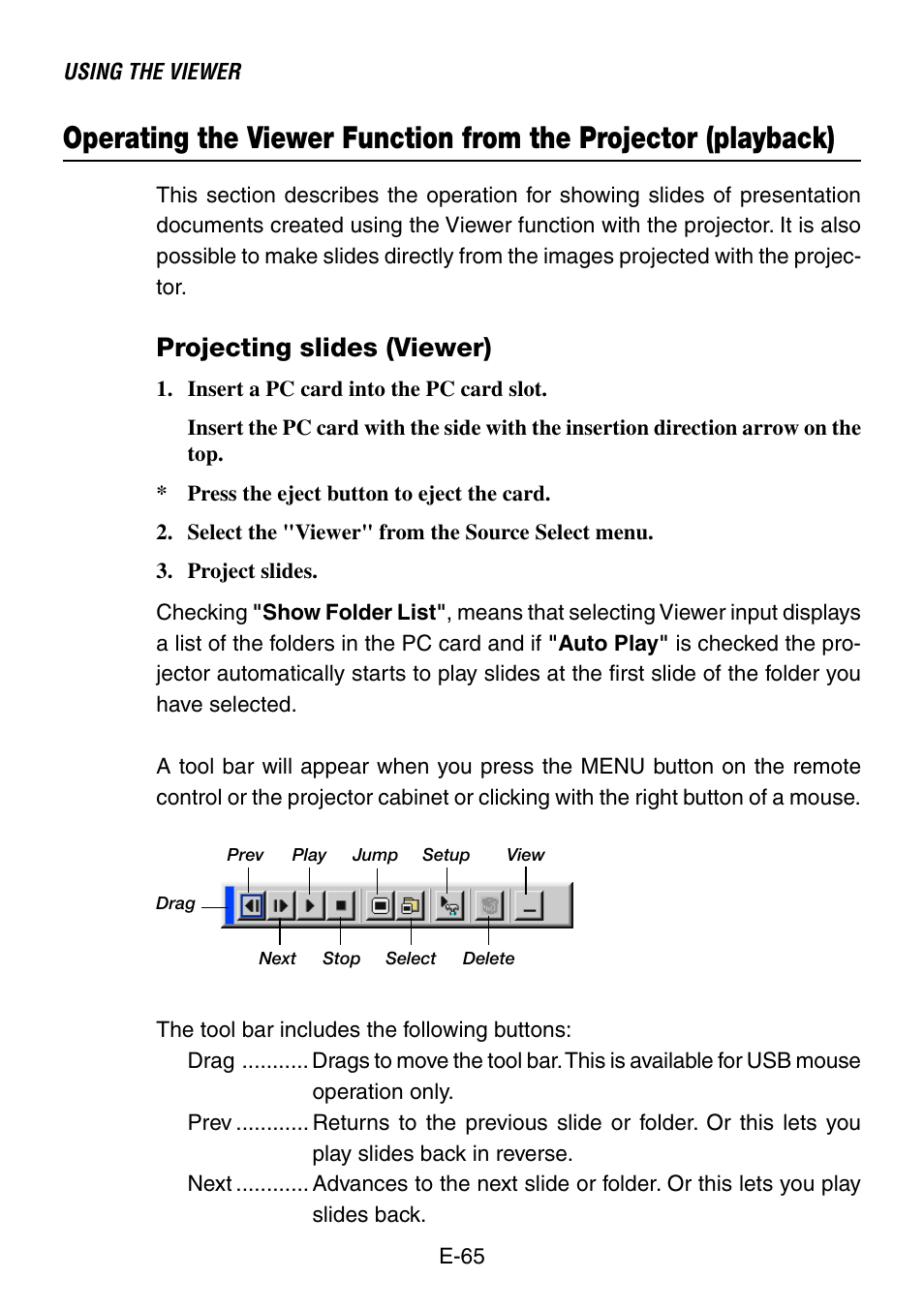 Projecting slides (viewer) | NEC LT260 User Manual | Page 65 / 149