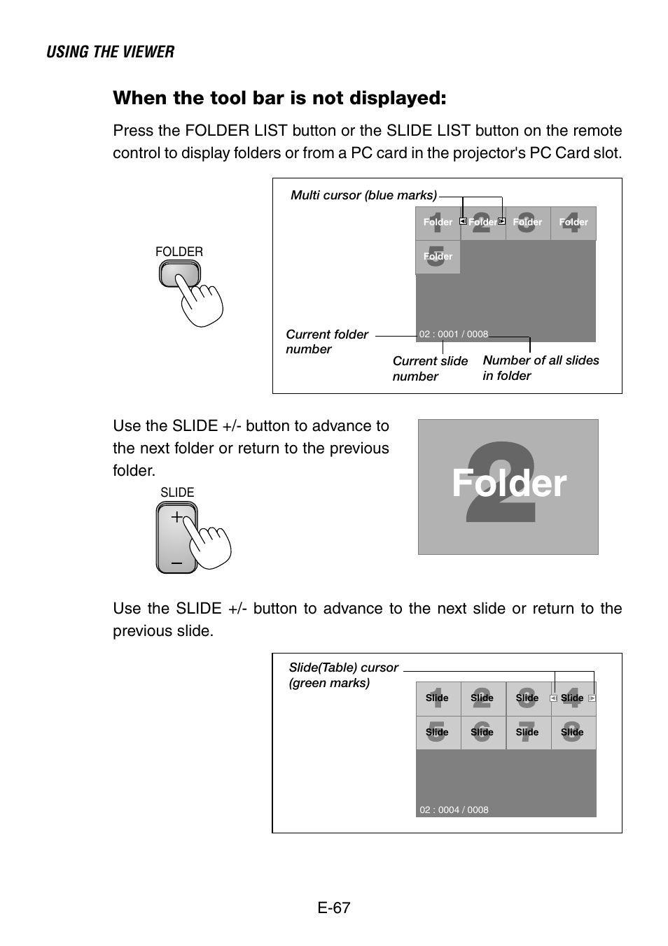 When the tool bar is not displayed, Folder, Using the viewer | E-67 | NEC LT260 User Manual | Page 67 / 149