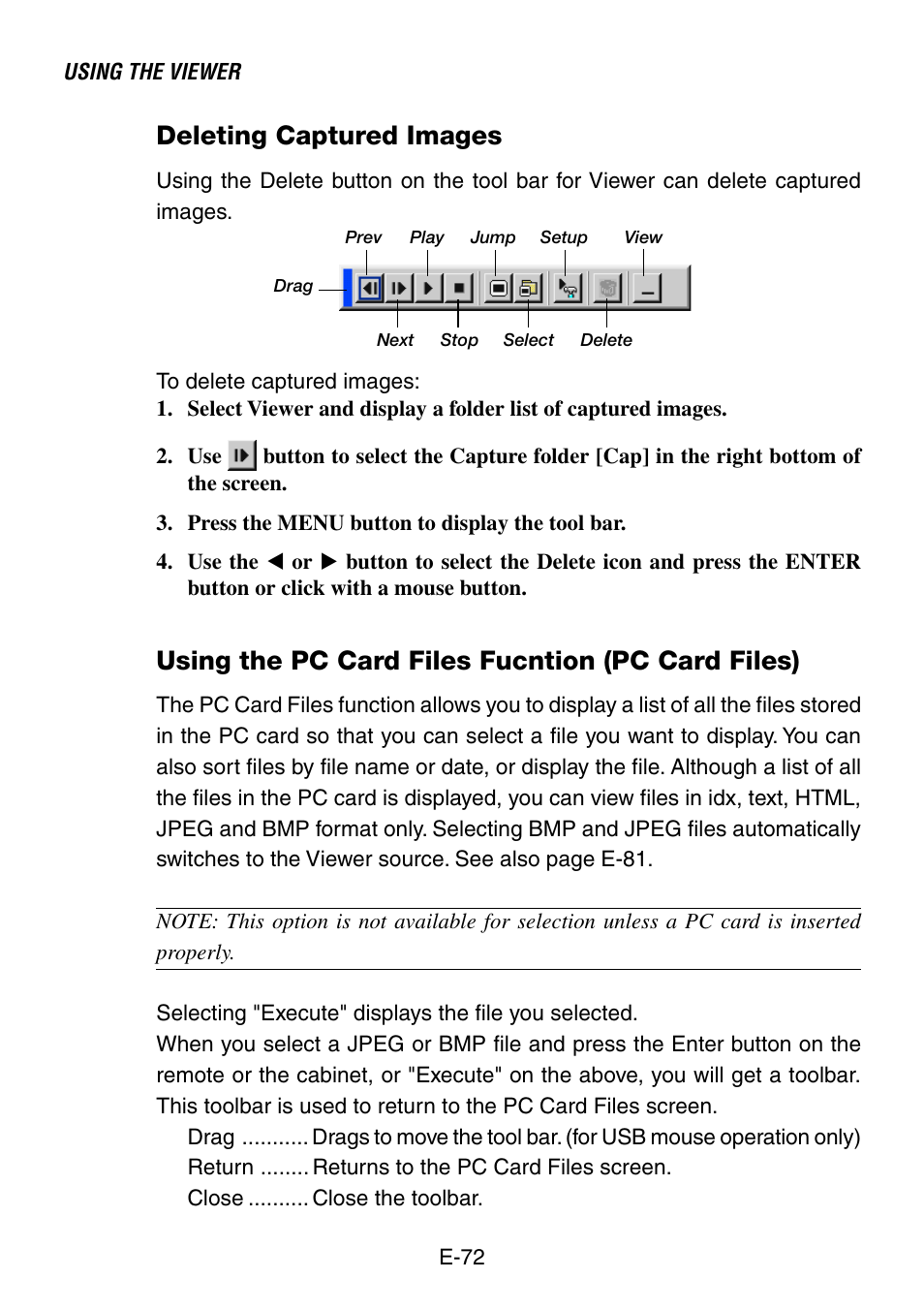 Deleting captured images, Using the pc card files fucntion (pc card files) | NEC LT260 User Manual | Page 72 / 149