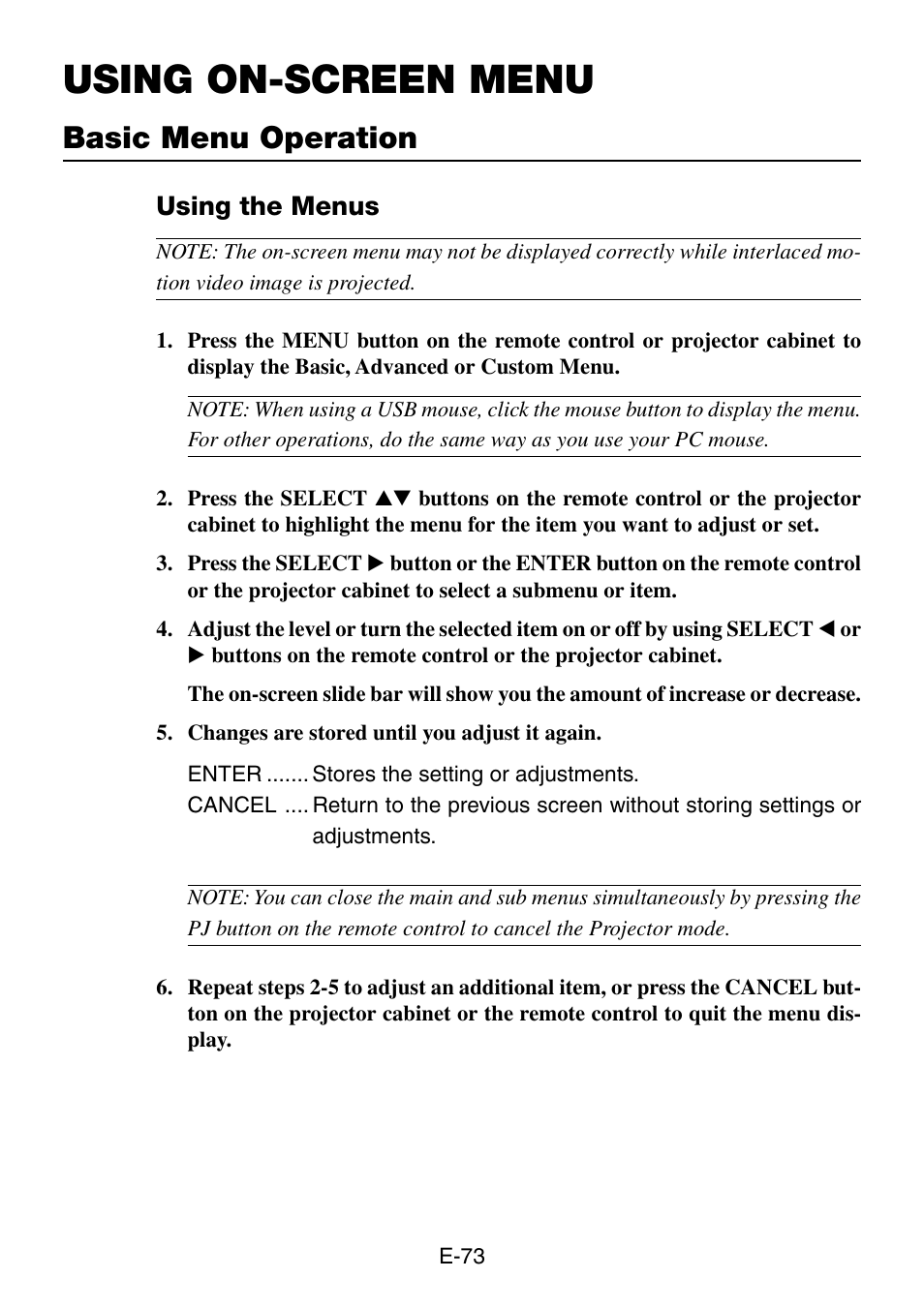 Using on-screen menu, Basic menu operation, Using the menus | NEC LT260 User Manual | Page 73 / 149