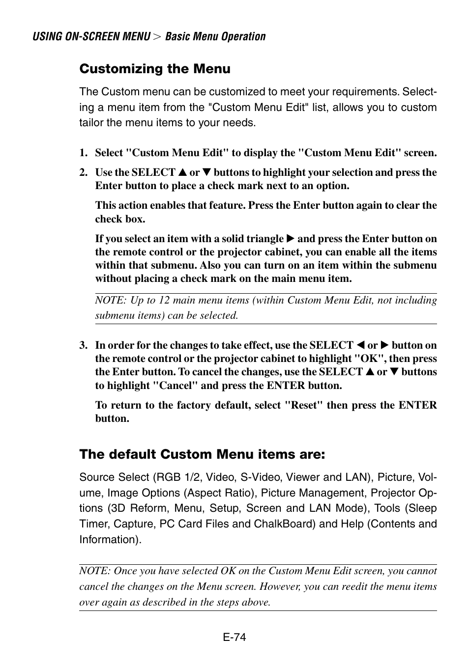Customizing the menu, The default custom menu items are | NEC LT260 User Manual | Page 74 / 149