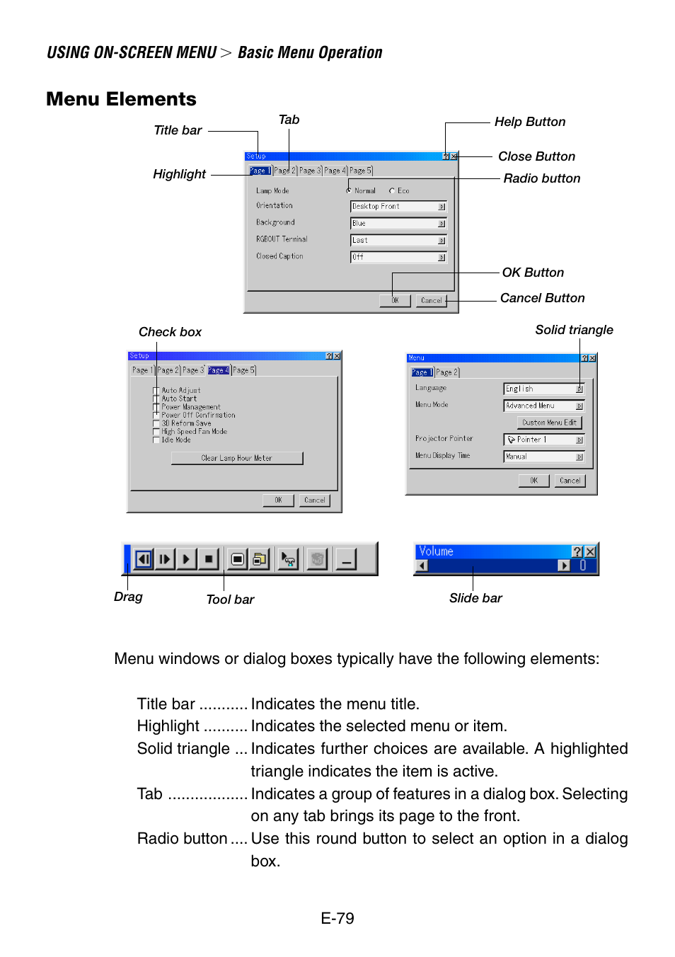 Menu elements | NEC LT260 User Manual | Page 79 / 149
