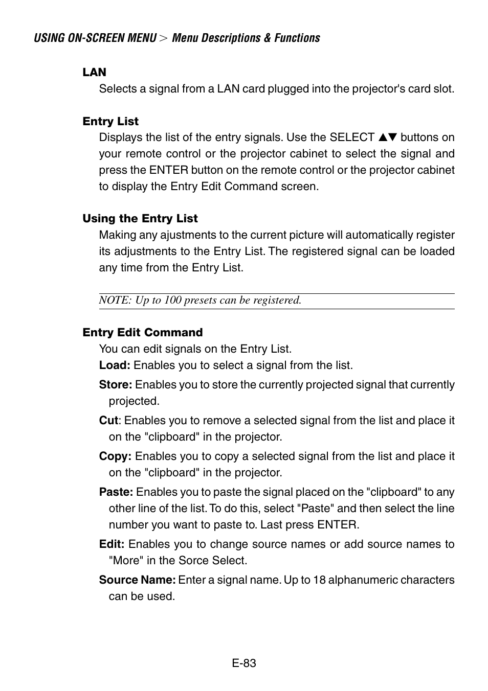 Entry list, Using the entry list, Entry edit command | NEC LT260 User Manual | Page 83 / 149