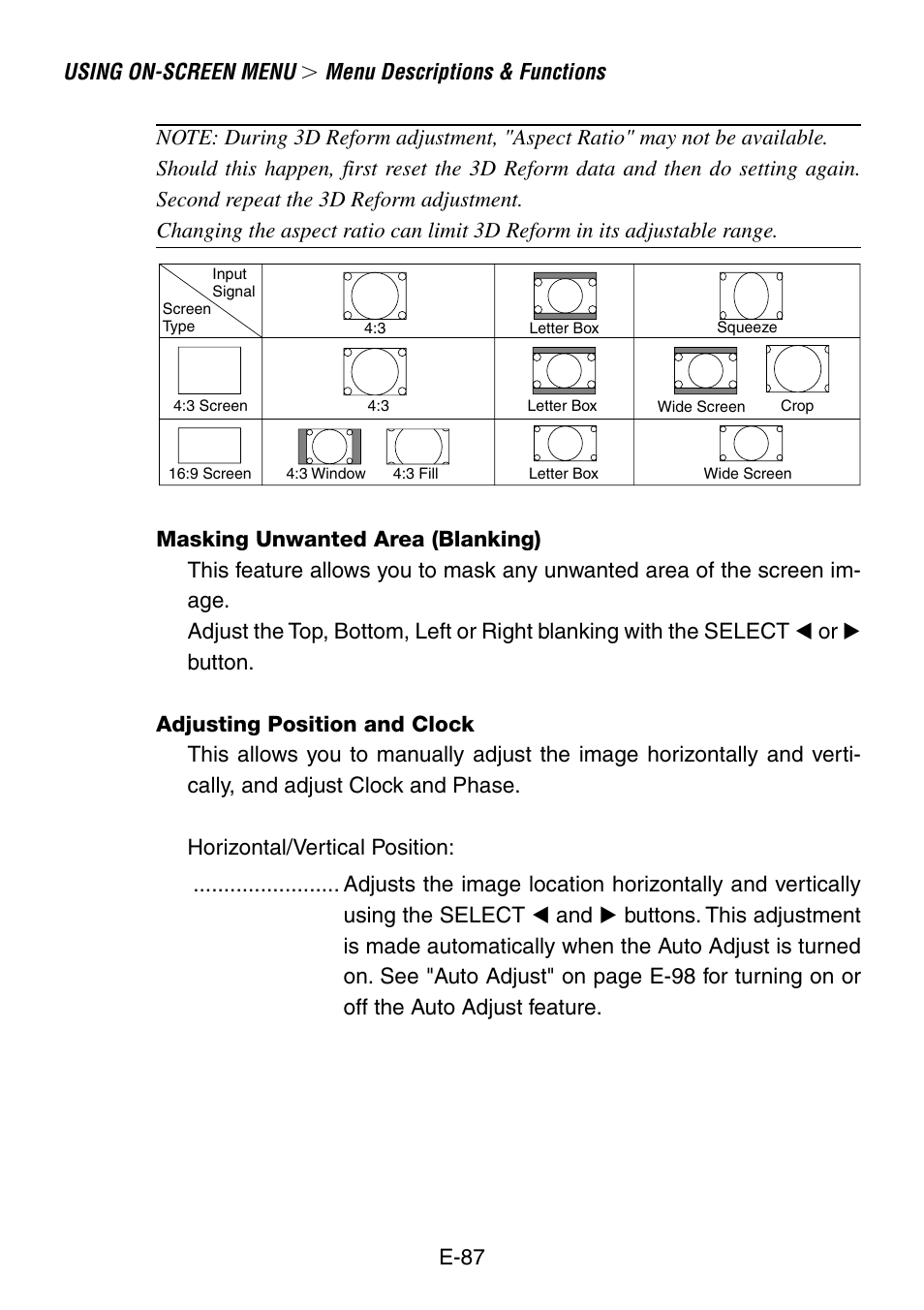 Masking unwanted area (blanking), Adjusting position and clock, Using on-screen menu | Menu descriptions & functions | NEC LT260 User Manual | Page 87 / 149