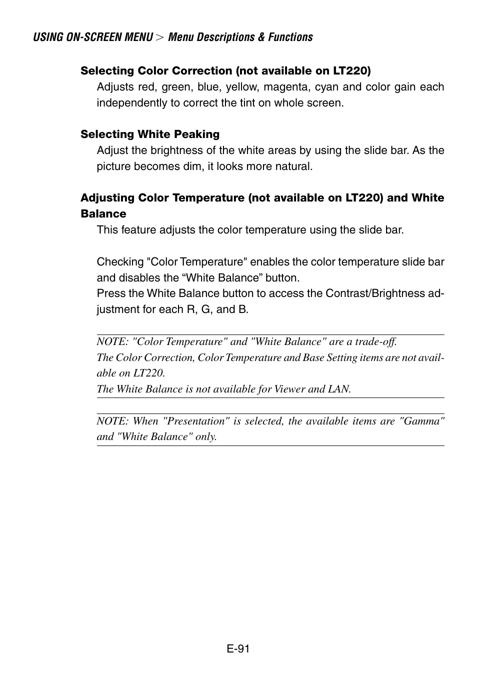 Selecting white peaking | NEC LT260 User Manual | Page 91 / 149