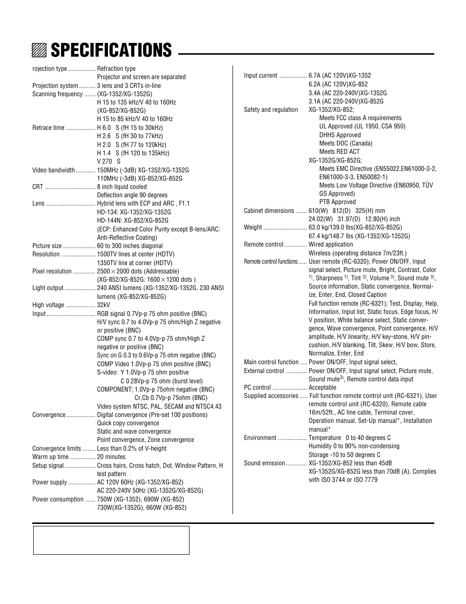 Specifications | NEC MultiSync XG-1352 User Manual | Page 37 / 38