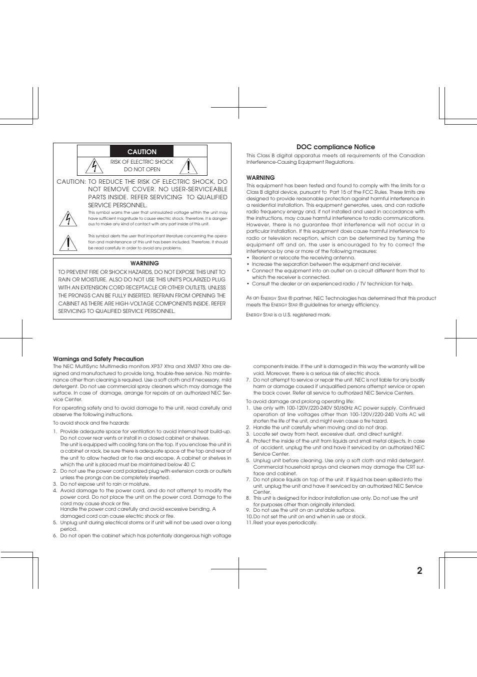 Caution, Doc compliance notice | NEC R 37 Xtra User Manual | Page 2 / 38