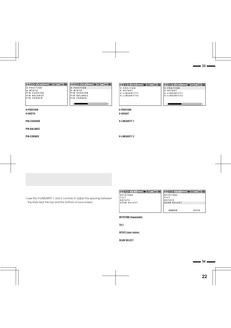 H-position/h-width/pin-cushion controls group, Keystone/tilt/rotate/scan select controls group | NEC R 37 Xtra User Manual | Page 22 / 38