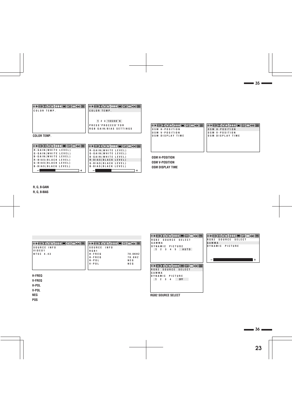 36 35 rgb controls group, Osm location/osm display time control, Source information | Dv controls group | NEC R 37 Xtra User Manual | Page 23 / 38