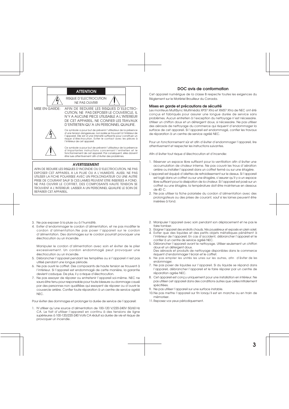 Attention, Doc avis de conformation | NEC R 37 Xtra User Manual | Page 3 / 38