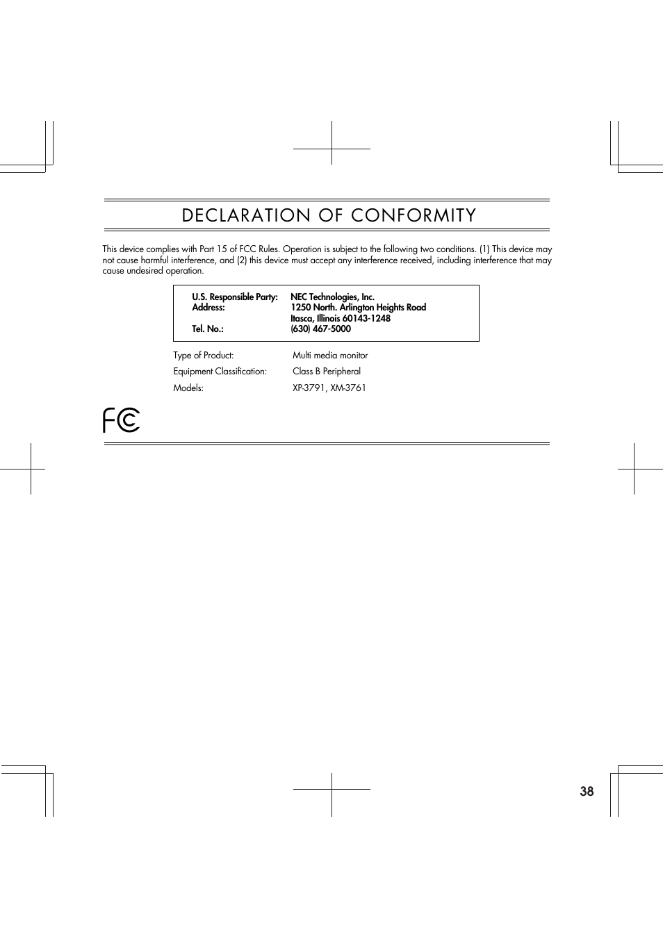 Declaration of conformity | NEC R 37 Xtra User Manual | Page 38 / 38