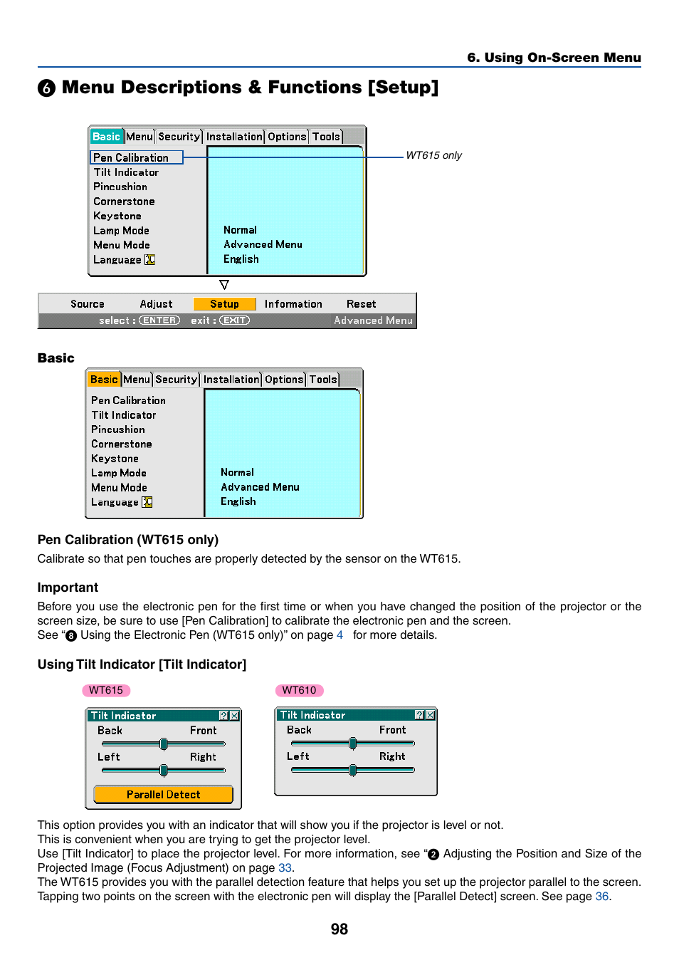ᕦ menu descriptions & functions [setup, Menu descriptions & functions [setup | NEC WT615 User Manual | Page 105 / 159