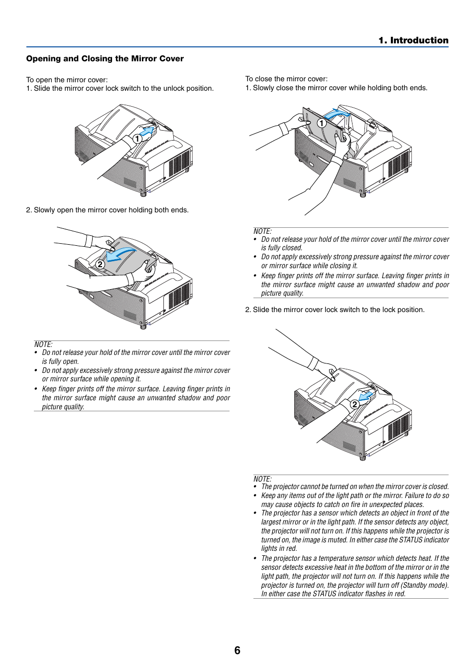 Opening and closing the mirror cover | NEC WT615 User Manual | Page 13 / 159