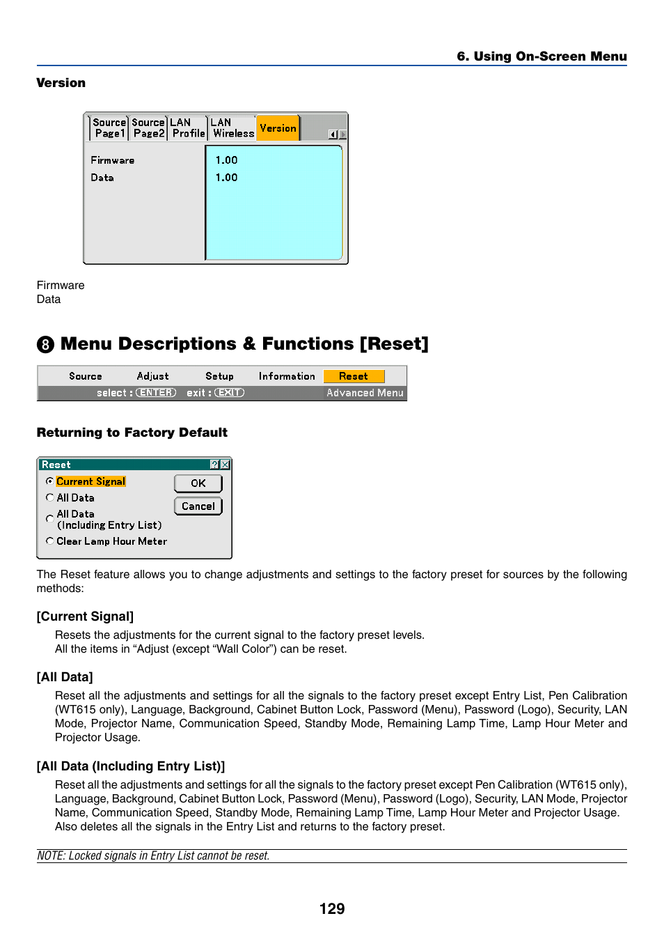 ᕨ menu descriptions & functions [reset, º menu descriptions & functions [reset | NEC WT615 User Manual | Page 136 / 159
