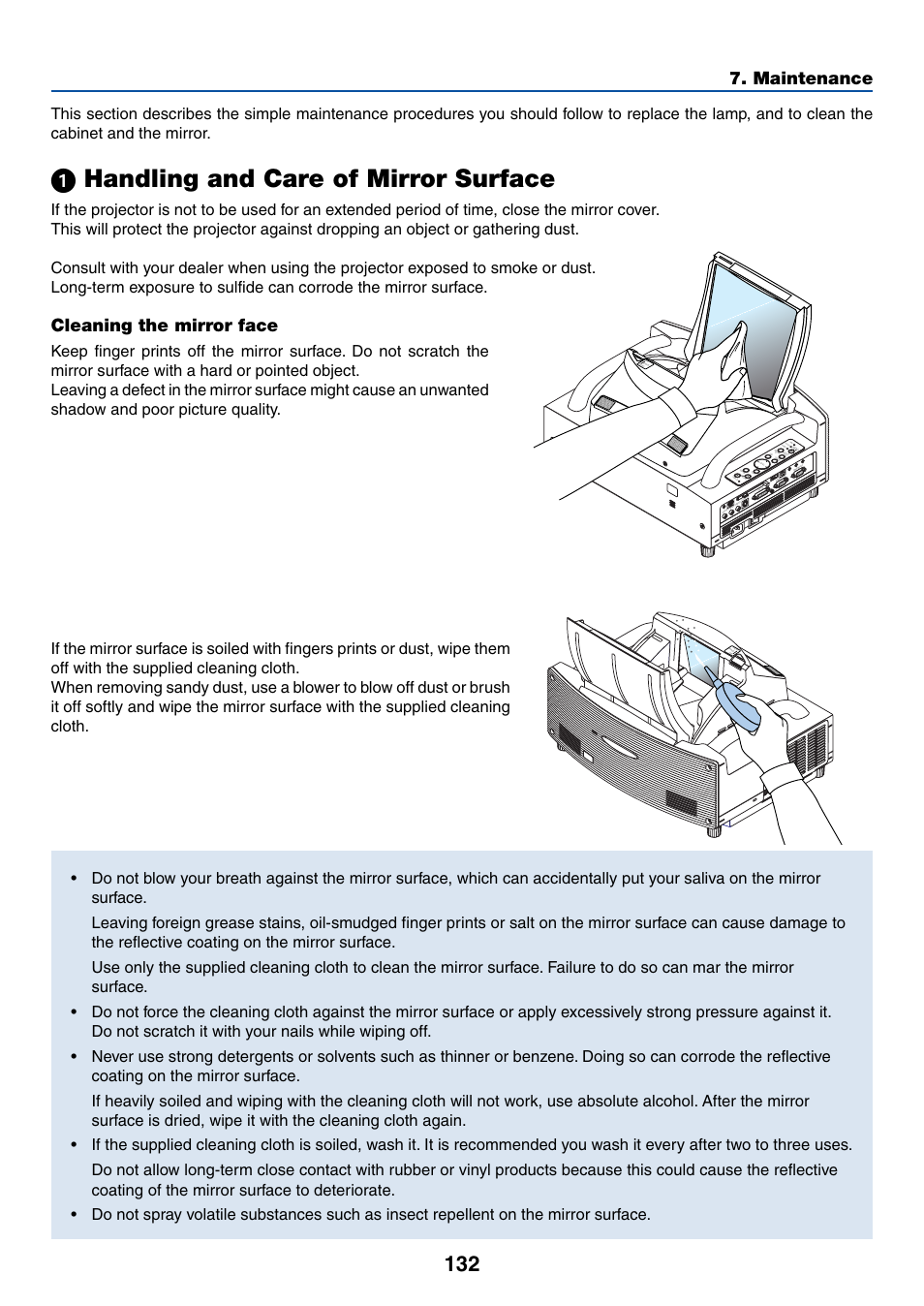 ᕡ handling and care of mirror surface, Maintenance, Cleaning the mirror face | NEC WT615 User Manual | Page 139 / 159