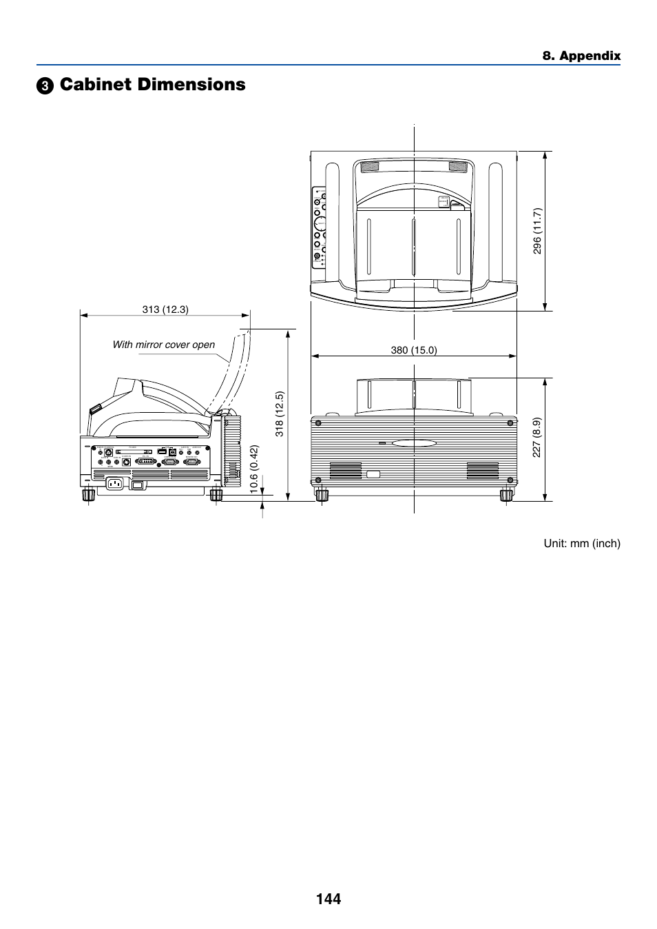 ᕣ cabinet dimensions, Appendix, Unit: mm (inch) | With mirror cover open | NEC WT615 User Manual | Page 151 / 159