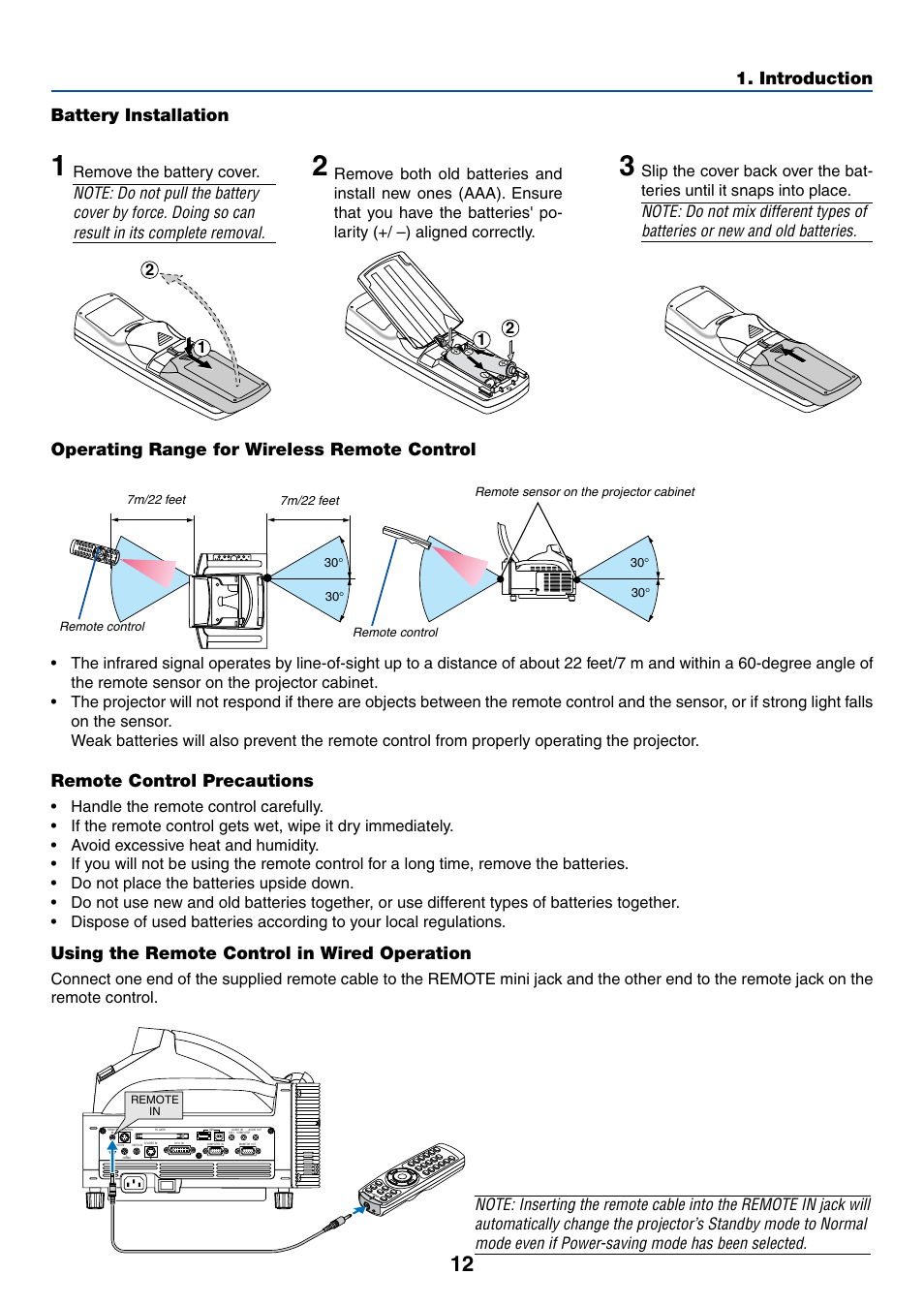 Battery installation, Operating range for wireless remote control, Remote control precautions | Using the remote control in wired operation, Introduction battery installation, Remove the battery cover | NEC WT615 User Manual | Page 19 / 159
