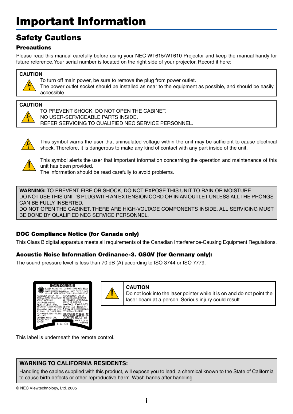 Important information, Safety cautions | NEC WT615 User Manual | Page 2 / 159