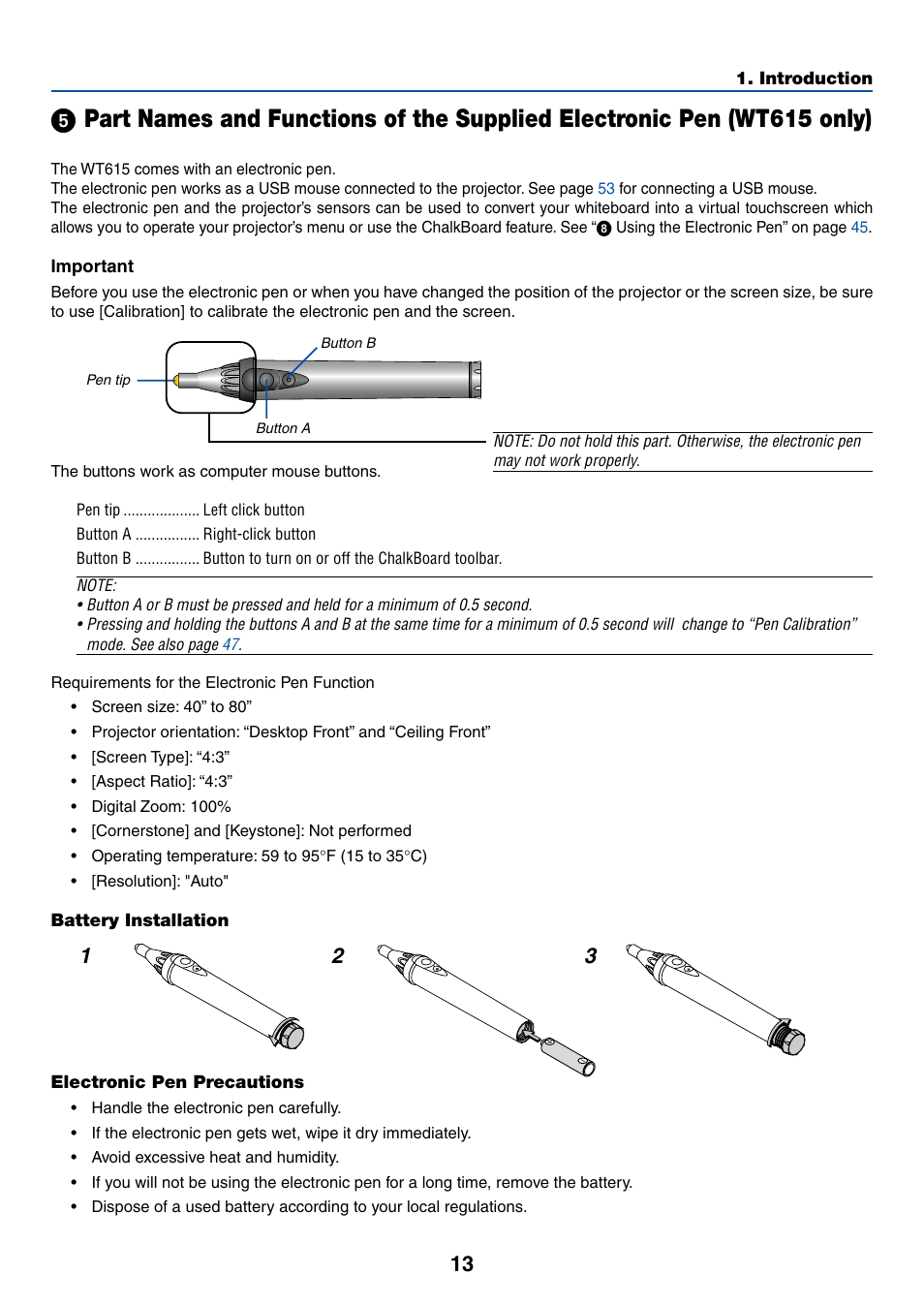 Battery installation, Electronic pen precautions, ᕥ part names and functions of | The supplied electronic pen (wt615 only), Battery installation electronic pen precautions | NEC WT615 User Manual | Page 20 / 159