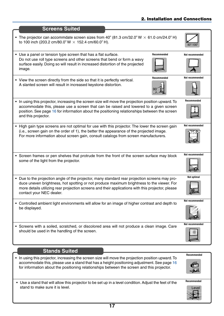 Screens suited, Stands suited | NEC WT615 User Manual | Page 24 / 159