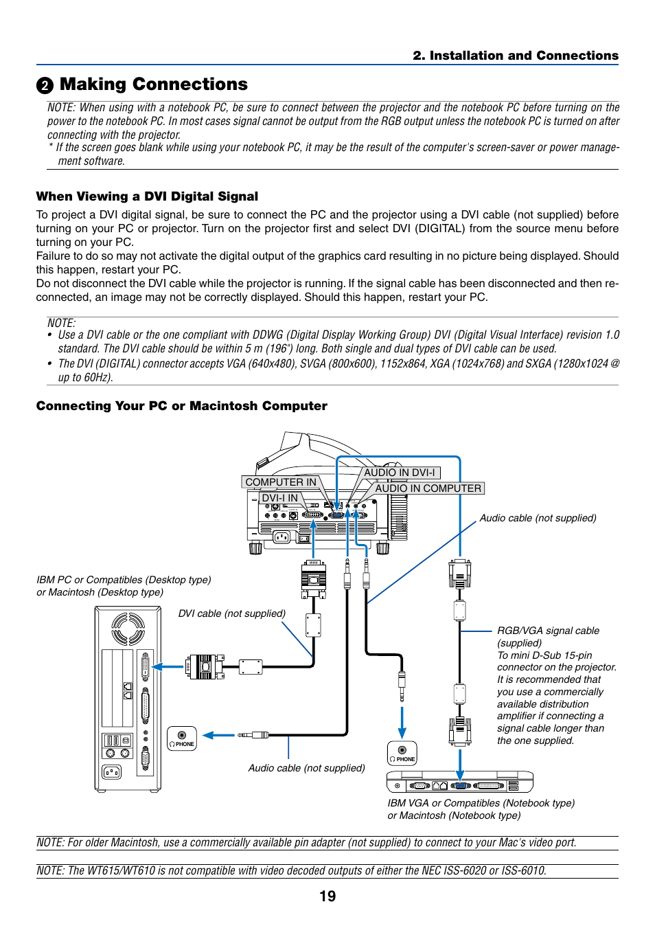 ᕢ making connections, When viewing a dvi digital signal, Connecting your pc or macintosh computer | Installation and connections | NEC WT615 User Manual | Page 26 / 159