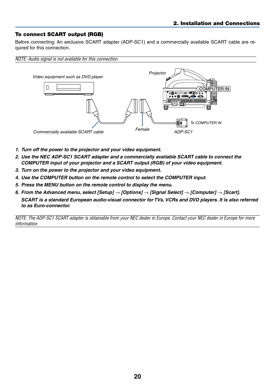 To connect scart output (rgb), For more details, Options | Signal select, Computer, Projector adp-sc1 female | NEC WT615 User Manual | Page 27 / 159