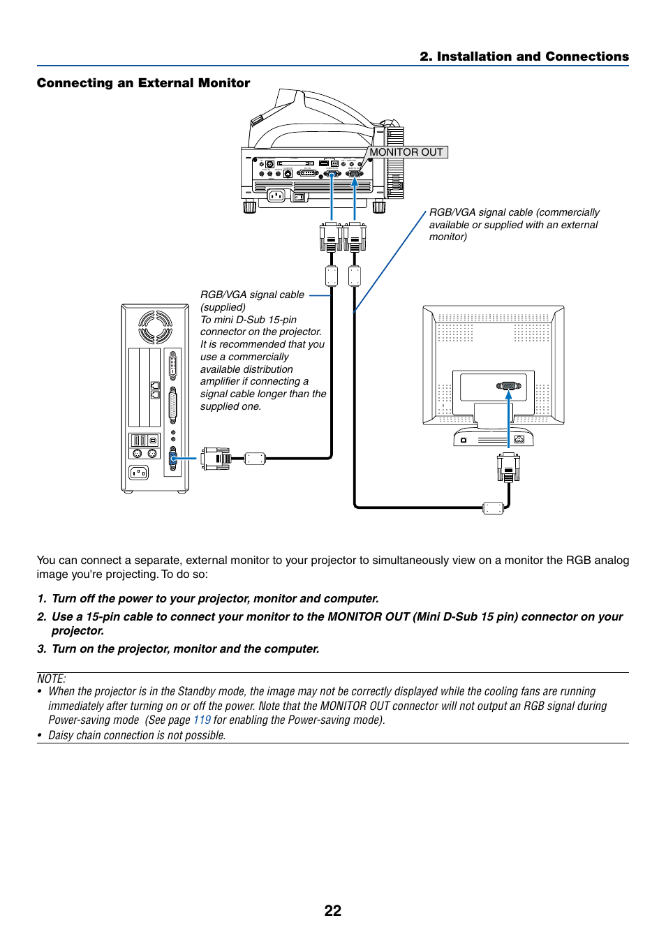 Connecting an external monitor, Installation and connections, Monitor out | NEC WT615 User Manual | Page 29 / 159
