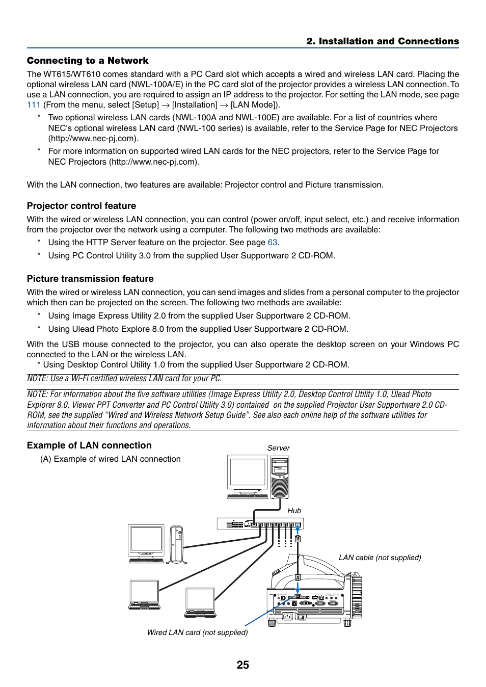 Connecting to a network, Projector control feature, Picture transmission feature | Example of lan connection, Installation and connections, A) example of wired lan connection, Server hub lan cable (not supplied), Wired lan card (not supplied) | NEC WT615 User Manual | Page 32 / 159
