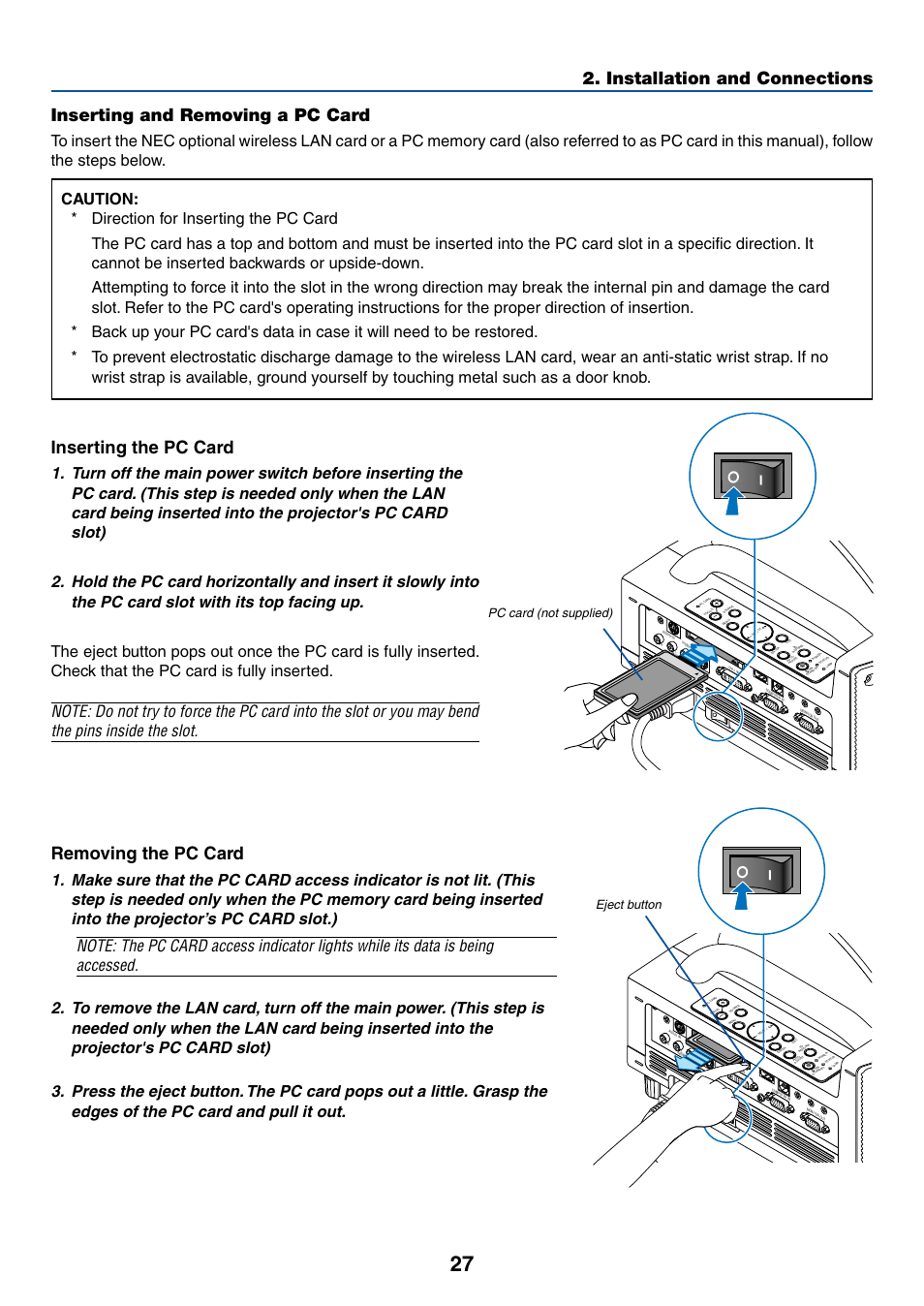 Inserting and removing a pc card, Installation and connections inserting the pc card, Removing the pc card | Pc card (not supplied) eject button | NEC WT615 User Manual | Page 34 / 159