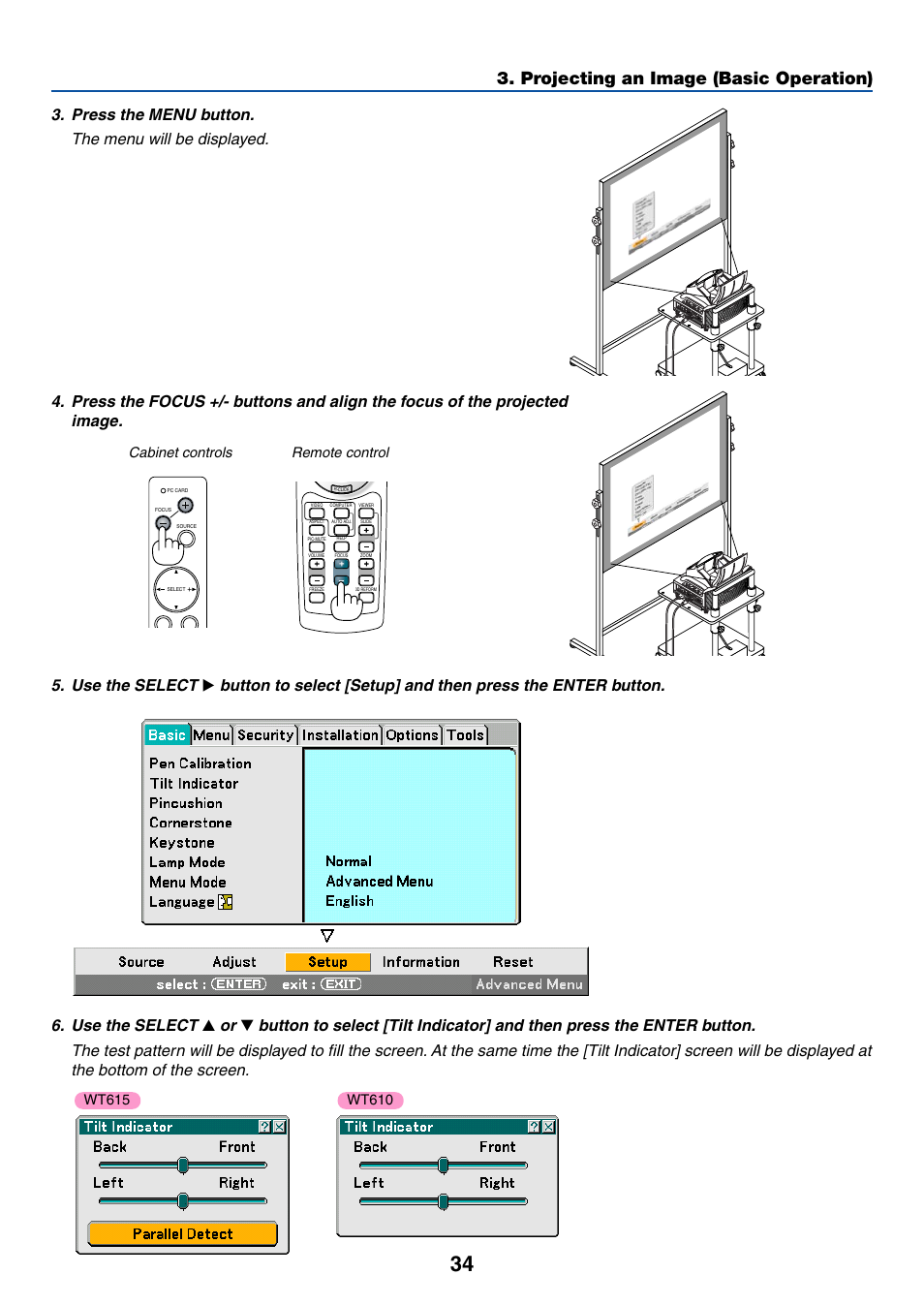 Projecting an image (basic operation), Use the select, Cabinet controls remote control | NEC WT615 User Manual | Page 41 / 159