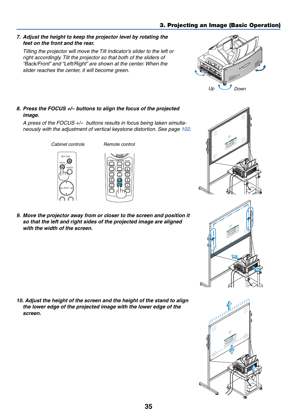 Projecting an image (basic operation), Up down, Cabinet controls remote control | NEC WT615 User Manual | Page 42 / 159