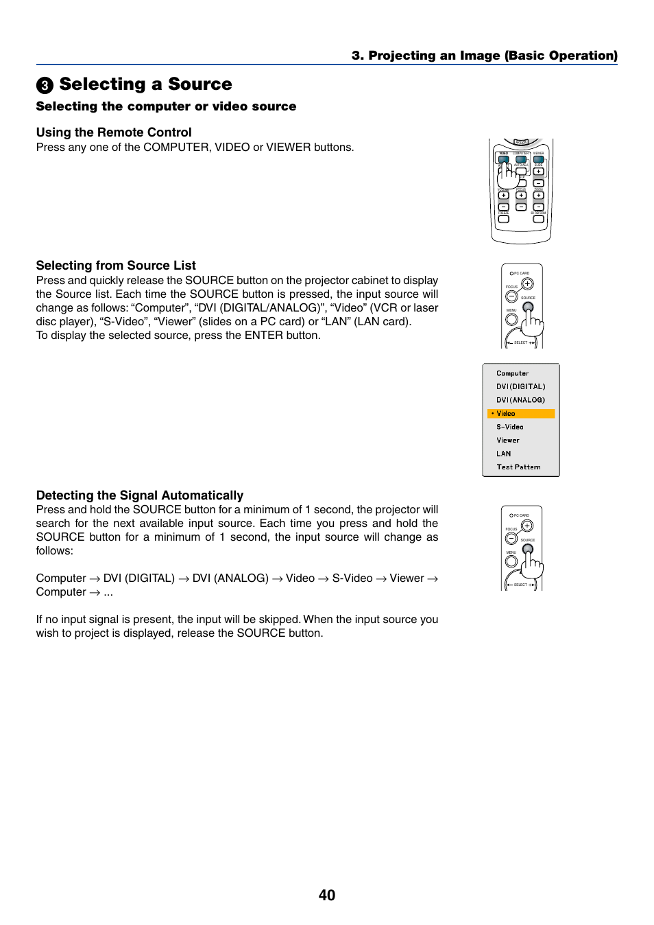 ᕣ selecting a source, Projecting an image (basic operation), Detecting the signal automatically | Selecting from source list | NEC WT615 User Manual | Page 47 / 159