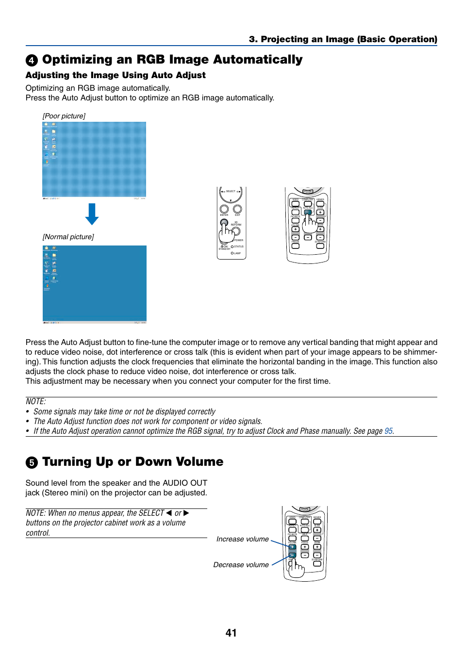 Optimizing an rgb image automatically, ᕥ turning up or down volume, ᕤ optimizing an rgb image automatically | Projecting an image (basic operation), Adjusting the image using auto adjust, Poor picture] [normal picture, Increase volume decrease volume | NEC WT615 User Manual | Page 48 / 159