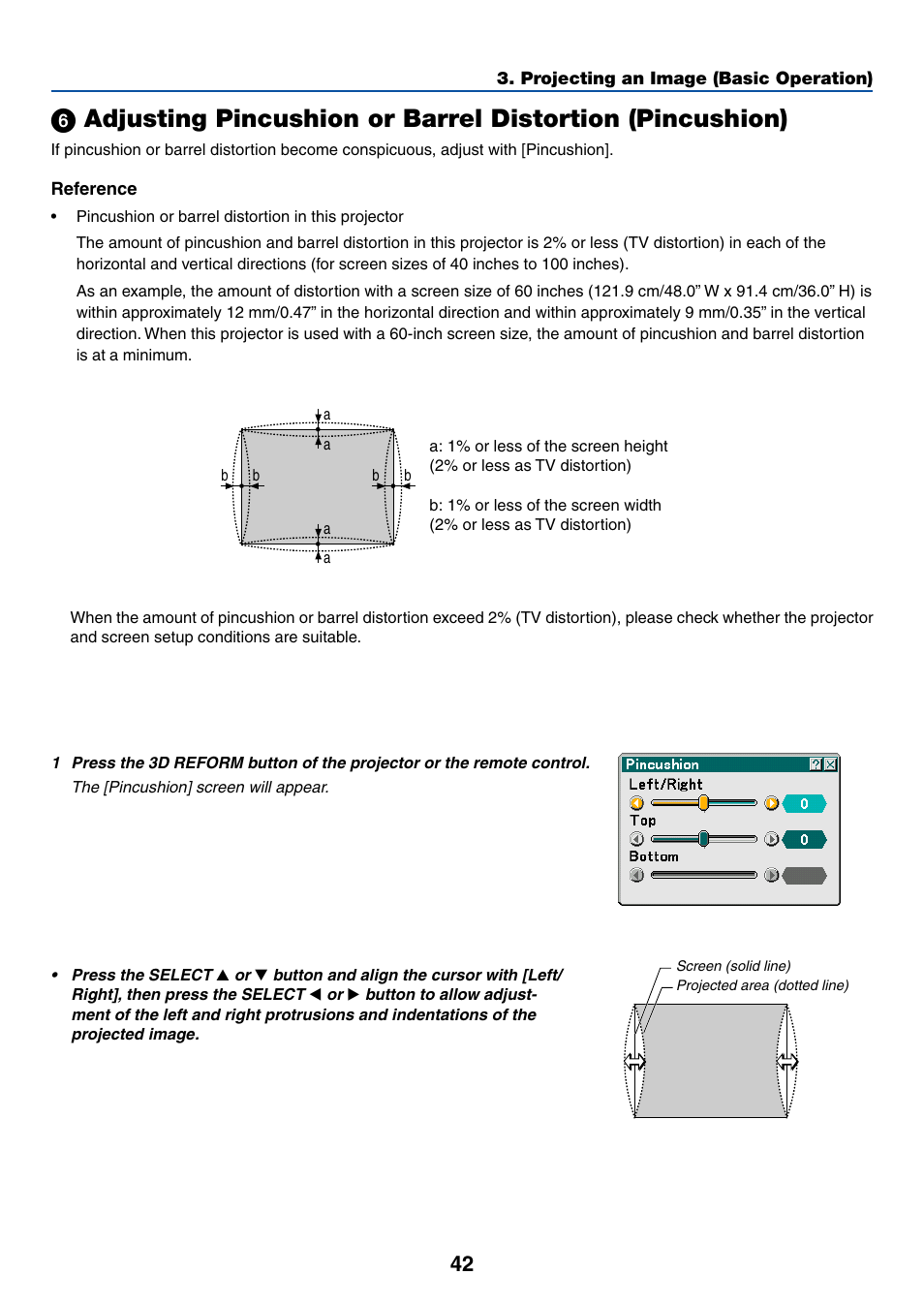 ᕦ adjusting pincushion or barrel distortion, Pincushion) | NEC WT615 User Manual | Page 49 / 159