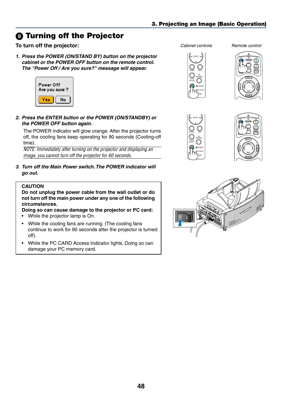 ᕩ turning off the projector, Cabinet controls remote control | NEC WT615 User Manual | Page 55 / 159